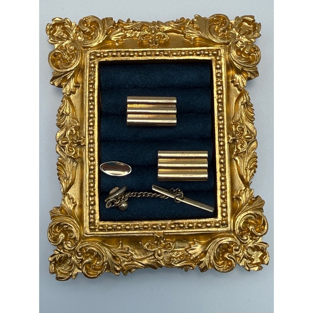 Hickok Cufflinks Tie Tack Set OS Gold Ribbed Art Deco Mid Century Modern Vintage